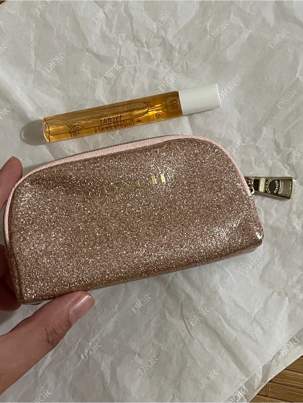 COACH Rose Gold Glitter Zip Cosmetic Pouch with Gold Logo